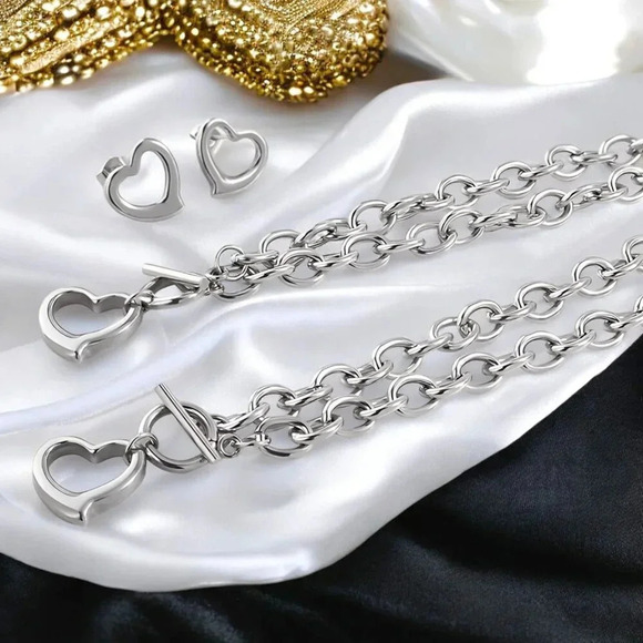 🆕️Stainless Steel Heart Pendant Necklace, Bracelet & Earrings Set 🎁💖 4-Piece - Picture 1 of 11